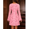 MEROKEETY Women’s Fall Floral Mesh Long Sleeve Going Out Club Mini Dress | Bell Sleeves, Ruched, Cinched Waist, Lace Trimmed V Neck, Fitted, Y2K, Sexy, Date Night Outfits, Cocktail Short Dresses(Pink)