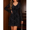MEROKEETY Women’s Fall Floral Mesh Long Sleeve Going Out Club Mini Dress | Bell Sleeves, Ruched, Cinched Waist, Lace Trimmed V Neck, Fitted, Y2K, Sexy, Date Night Outfits, Cocktail Short Dresses(Black)
