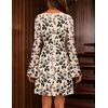 MEROKEETY Women’s Fall Floral Mesh Long Sleeve Going Out Club Mini Dress | Bell Sleeves, Ruched, Cinched Waist, Lace Trimmed V Neck, Fitted, Y2K, Sexy, Date Night Outfits, Cocktail Short Dresses(Apricot)