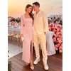 MEROKEETY Women’s Fall Long Sleeve Bodycon 2026 Wedding Guest Maxi Dress | Elegant Square Neck, Ruched, Side Slit, Slim Fit, Formal Cocktail Party, Sexy Trendy Fashion, Date Night Prom Long Dresses(Pink)