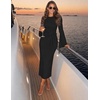 MEROKEETY Women’s Fall Long Sleeve Tie Waist Boat Neck Elegant Midi Dresses | Ruched Waist, Trendy Bell Sleeve, Back Slit, Slimming Fit, Business Casual, Formal Wedding Guest Cocktail Dress, Work Outfits(Black)