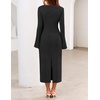 MEROKEETY Women’s Fall Long Sleeve Tie Waist Boat Neck Elegant Midi Dresses | Ruched Waist, Trendy Bell Sleeve, Back Slit, Slimming Fit, Business Casual, Formal Wedding Guest Cocktail Dress, Work Outfits(Black)