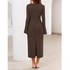 MEROKEETY Women’s Fall Long Sleeve Tie Waist Boat Neck Elegant Midi Dresses | Ruched Waist, Trendy Bell Sleeve, Back Slit, Slimming Fit, Business Casual, Formal Wedding Guest Cocktail Dress, Work Outfits(Coffee)