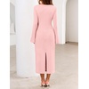 MEROKEETY Women’s Fall Long Sleeve Tie Waist Boat Neck Elegant Midi Dresses | Ruched Waist, Trendy Bell Sleeve, Back Slit, Slimming Fit, Business Casual, Formal Wedding Guest Cocktail Dress, Work Outfits(Pink)