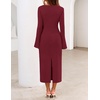 MEROKEETY Women’s Fall Long Sleeve Tie Waist Boat Neck Elegant Midi Dresses | Ruched Waist, Trendy Bell Sleeve, Back Slit, Slimming Fit, Business Casual, Formal Wedding Guest Cocktail Dress, Work Outfits(Wine)