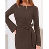 MEROKEETY Women’s Fall Long Sleeve Tie Waist Boat Neck Elegant Midi Dresses | Ruched Waist, Trendy Bell Sleeve, Back Slit, Slimming Fit, Business Casual, Formal Wedding Guest Cocktail Dress, Work Outfits(Coffee)