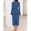 MEROKEETY Women’s Fall Long Sleeve Tie Waist Boat Neck Elegant Midi Dresses | Ruched Waist, Trendy Bell Sleeve, Back Slit, Slimming Fit, Business Casual, Formal Wedding Guest Cocktail Dress, Work Outfits(Dustyblue)