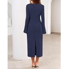 MEROKEETY Women’s Fall Long Sleeve Tie Waist Boat Neck Elegant Midi Dresses | Ruched Waist, Trendy Bell Sleeve, Back Slit, Slimming Fit, Business Casual, Formal Wedding Guest Cocktail Dress, Work Outfits(Navy)
