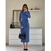 MEROKEETY Women’s Fall Long Sleeve Tie Waist Boat Neck Elegant Midi Dresses | Ruched Waist, Trendy Bell Sleeve, Back Slit, Slimming Fit, Business Casual, Formal Wedding Guest Cocktail Dress, Work Outfits(Dustyblue)