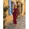 MEROKEETY Women’s Fall Long Sleeve Tie Waist Boat Neck Elegant Midi Dresses | Ruched Waist, Trendy Bell Sleeve, Back Slit, Slimming Fit, Business Casual, Formal Wedding Guest Cocktail Dress, Work Outfits(Wine)