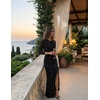 MEROKEETY Women’s Fall Wedding Guest Cocktail Formal Maxi Dresses | Long Sleeve, Floral, Boat Neck, Bodycon, Asymmetric Ruffle Hem, Mesh, Sexy High Slit, Bridesmaid, Dinner, 2026 Long Dress(Black)