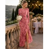 MEROKEETY Women’s Fall Wedding Guest Cocktail Formal Maxi Dresses | Long Sleeve, Floral, Boat Neck, Bodycon, Asymmetric Ruffle Hem, Mesh, Sexy High Slit, Bridesmaid, Dinner, 2026 Long Dress(Pink)