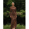MEROKEETY Women’s Fall Wedding Guest Cocktail Formal Maxi Dresses | Long Sleeve, Floral, Boat Neck, Bodycon, Asymmetric Ruffle Hem, Mesh, Sexy High Slit, Bridesmaid, Dinner, 2026 Long Dress(Brown)