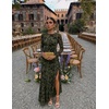 MEROKEETY Women’s Fall Wedding Guest Cocktail Formal Maxi Dresses | Long Sleeve, Floral, Boat Neck, Bodycon, Asymmetric Ruffle Hem, Mesh, Sexy High Slit, Bridesmaid, Dinner, 2026 Long Dress(Army Green)