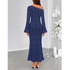 MEROKEETY Women’s Lace Off The Shoulder Wedding Guest Maxi Dress 2026 | Floral Jacquard, Bell Long Sleeve, Fitted, Bodycon, Ruched, Lined, Elegant Formal Outfifs, Cocktail Party Date Night Dresses(Navy)
