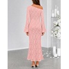 MEROKEETY Women’s Lace Off The Shoulder Wedding Guest Maxi Dress 2026 | Floral Jacquard, Bell Long Sleeve, Fitted, Bodycon, Ruched, Lined, Elegant Formal Outfifs, Cocktail Party Date Night Dresses(Pink)