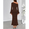 MEROKEETY Women’s Lace Off The Shoulder Wedding Guest Maxi Dress 2026 | Floral Jacquard, Bell Long Sleeve, Fitted, Bodycon, Ruched, Lined, Elegant Formal Outfifs, Cocktail Party Date Night Dresses(Coffee)