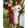 MEROKEETY Women’s Lace Off The Shoulder Wedding Guest Maxi Dress 2026 | Floral Jacquard, Bell Long Sleeve, Fitted, Bodycon, Ruched, Lined, Elegant Formal Outfifs, Cocktail Party Date Night Dresses(Burgundy)
