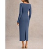 MEROKEETY Women’s Long Sleeve Bodycon Fall Wedding Guest Elegant Maxi Dress | Modest Work Business Casual Church, Dressy Formal Cocktail Party Long Dress, Boat Neck, Slim Fit, Lined, 2026 Trendy Fashion(Dustyblue)