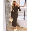 MEROKEETY Women’s Long Sleeve Bodycon Fall Wedding Guest Elegant Maxi Dress | Modest Work Business Casual Church, Dressy Formal Cocktail Party Long Dress, Boat Neck, Slim Fit, Lined, 2026 Trendy Fashion(Coffee)