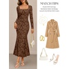 MEROKEETY Womens Long Sleeve Floral Ruched Fall Wedding Guest Dress 2026 | Formal Maxi Dress, Square Neck, Mermaid Hem, Stretchy, Lined, Bodycon, Cocktail Party, Baby Shower, Bridal, Holiday dress(Brown)
