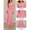 MEROKEETY Womens Long Sleeve Floral Ruched Fall Wedding Guest Dress 2026 | Formal Maxi Dress, Square Neck, Mermaid Hem, Stretchy, Lined, Bodycon, Cocktail Party, Baby Shower, Bridal, Holiday dress(Pink)