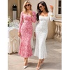 MEROKEETY Womens Long Sleeve Floral Ruched Fall Wedding Guest Dress 2026 | Formal Maxi Dress, Square Neck, Mermaid Hem, Stretchy, Lined, Bodycon, Cocktail Party, Baby Shower, Bridal, Holiday dress(Pink)