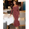 MEROKEETY Womens Long Sleeve Floral Ruched Fall Wedding Guest Dress 2026 | Formal Maxi Dress, Square Neck, Mermaid Hem, Stretchy, Lined, Bodycon, Cocktail Party, Baby Shower, Bridal, Holiday dress(Winered)