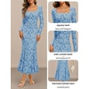 MEROKEETY Womens Long Sleeve Floral Ruched Fall Wedding Guest Dress 2026 | Formal Maxi Dress, Square Neck, Mermaid Hem, Stretchy, Lined, Bodycon, Cocktail Party, Baby Shower, Bridal, Holiday dress(Blue)