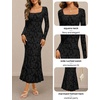 MEROKEETY Womens Long Sleeve Floral Ruched Fall Wedding Guest Dress 2026 | Formal Maxi Dress, Square Neck, Mermaid Hem, Stretchy, Lined, Bodycon, Cocktail Party, Baby Shower, Bridal, Holiday dress(Black)