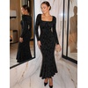 MEROKEETY Womens Long Sleeve Floral Ruched Fall Wedding Guest Dress 2026 | Formal Maxi Dress, Square Neck, Mermaid Hem, Stretchy, Lined, Bodycon, Cocktail Party, Baby Shower, Bridal, Holiday dress(Black)