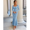 MEROKEETY Womens Long Sleeve Floral Ruched Fall Wedding Guest Dress 2026 | Formal Maxi Dress, Square Neck, Mermaid Hem, Stretchy, Lined, Bodycon, Cocktail Party, Baby Shower, Bridal, Holiday dress(Blue)