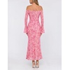 MEROKEETY Women’s Off Shoulder Bodycon Fall 2026 Party Formal Maxi Dress | Wedding Guest Cocktail, Bell Long Sleeve, Floral Mesh, Ruched Bust, 2026 Winter, Elegant Sexy Trendy, Date Night Club Dresses(Pink)