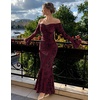 MEROKEETY Women’s Off Shoulder Bodycon Fall 2026 Party Formal Maxi Dress | Wedding Guest Cocktail, Bell Long Sleeve, Floral Mesh, Ruched Bust, 2026 Winter, Elegant Sexy Trendy, Date Night Club Dresses(Burgundy)