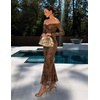 MEROKEETY Women’s Off Shoulder Bodycon Fall 2026 Party Formal Maxi Dress | Wedding Guest Cocktail, Bell Long Sleeve, Floral Mesh, Ruched Bust, 2026 Winter, Elegant Sexy Trendy, Date Night Club Dresses(Brown)