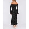 MEROKEETY Women’s Off Shoulder Bodycon Fall 2026 Party Formal Maxi Dress | Wedding Guest Cocktail, Bell Long Sleeve, Floral Mesh, Ruched Bust, 2026 Winter, Elegant Sexy Trendy, Date Night Club Dresses(Black)