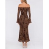 MEROKEETY Women’s Off Shoulder Bodycon Fall 2026 Party Formal Maxi Dress | Wedding Guest Cocktail, Bell Long Sleeve, Floral Mesh, Ruched Bust, 2026 Winter, Elegant Sexy Trendy, Date Night Club Dresses(Brown)