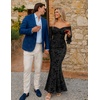 MEROKEETY Women’s Off Shoulder Bodycon Fall 2026 Party Formal Maxi Dress | Wedding Guest Cocktail, Bell Long Sleeve, Floral Mesh, Ruched Bust, 2026 Winter, Elegant Sexy Trendy, Date Night Club Dresses(Black)