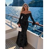 MEROKEETY Women’s Off Shoulder Bodycon Fall 2026 Party Formal Maxi Dress | Wedding Guest Cocktail, Bell Long Sleeve, Floral Mesh, Ruched Bust, 2026 Winter, Elegant Sexy Trendy, Date Night Club Dresses(Black)