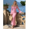 MEROKEETY Women’s Off Shoulder Bodycon Fall 2026 Party Formal Maxi Dress | Wedding Guest Cocktail, Bell Long Sleeve, Floral Mesh, Ruched Bust, 2026 Winter, Elegant Sexy Trendy, Date Night Club Dresses(Pink)