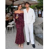 MEROKEETY Women’s Off Shoulder Bodycon Fall 2026 Party Formal Maxi Dress | Wedding Guest Cocktail, Bell Long Sleeve, Floral Mesh, Ruched Bust, 2026 Winter, Elegant Sexy Trendy, Date Night Club Dresses(Burgundy)