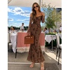 MEROKEETY Women’s Off Shoulder Bodycon Fall 2026 Party Formal Maxi Dress | Wedding Guest Cocktail, Bell Long Sleeve, Floral Mesh, Ruched Bust, 2026 Winter, Elegant Sexy Trendy, Date Night Club Dresses(Brown)