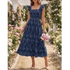 MEROKEETY Women’s Summer Sleeveless Smocked Floral Maxi Dress | Square Neck, Flowy Sundress, Ruffle Straps, Side Pockets, Boho Beach Vacation, Tiered Ruffle Hem, A Line, Long Dress(Navy)
