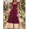 MEROKEETY Women’s Summer Sleeveless Smocked Floral Maxi Dress | Square Neck, Flowy Sundress, Ruffle Straps, Side Pockets, Boho Beach Vacation, Tiered Ruffle Hem, A Line, Long Dress(Wine)
