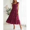 MEROKEETY Women’s Summer Sleeveless Smocked Floral Maxi Dress | Square Neck, Flowy Sundress, Ruffle Straps, Side Pockets, Boho Beach Vacation, Tiered Ruffle Hem, A Line, Long Dress(Wine)