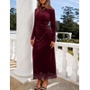 MEROKEETY Women’s Velvet Lace Wedding Guest Cocktail Maxi Dress | Long Sleeve, Mock Neck, Ruched Waist, Elegant Fall Dress 2026, Back Slit, Zipper, Formal Maxi Dress, Slimming Fit, Date Night(Wine)