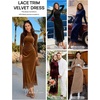 MEROKEETY Women’s Velvet Lace Wedding Guest Cocktail Maxi Dress | Long Sleeve, Mock Neck, Ruched Waist, Elegant Fall Dress 2026, Back Slit, Zipper, Formal Maxi Dress, Slimming Fit, Date Night(Golden)