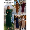 MEROKEETY Women’s Velvet Lace Wedding Guest Cocktail Maxi Dress | Long Sleeve, Mock Neck, Ruched Waist, Elegant Fall Dress 2026, Back Slit, Zipper, Formal Maxi Dress, Slimming Fit, Date Night(Darkgreen)