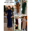 MEROKEETY Women’s Velvet Lace Wedding Guest Cocktail Maxi Dress | Long Sleeve, Mock Neck, Ruched Waist, Elegant Fall Dress 2026, Back Slit, Zipper, Formal Maxi Dress, Slimming Fit, Date Night(Navy)