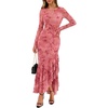 MEROKEETY Women’s Fall Wedding Guest Cocktail Formal Maxi Dresses | Long Sleeve, Floral, Boat Neck, Bodycon, Asymmetric Ruffle Hem, Mesh, Sexy High Slit, Bridesmaid, Dinner, 2026 Long Dress(Pink)